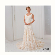 Hot wholesale deep V-neck lace backless applique beads mermaid sexy gown beading wedding dress sample
